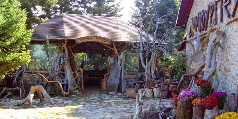 Το πέτρινο εργαστήριο με τις ξύλινες κατασκευές και λουλούδια